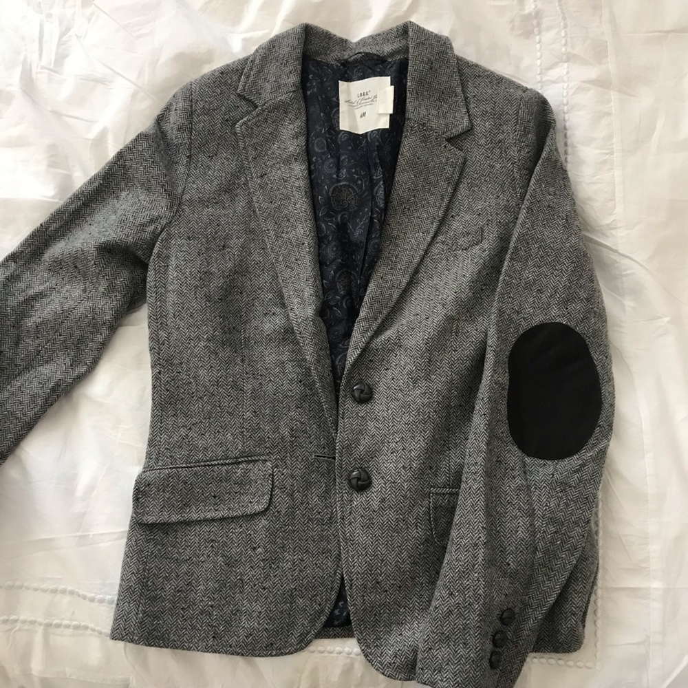 H&M Gray Herringbone Blazer with Black Elbow Patches
